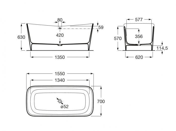 Baignoire MAUI SQUARE en Stonex avec vidage et siphon - 1550 x 700 mm - 282 Litres - En résine - Roca