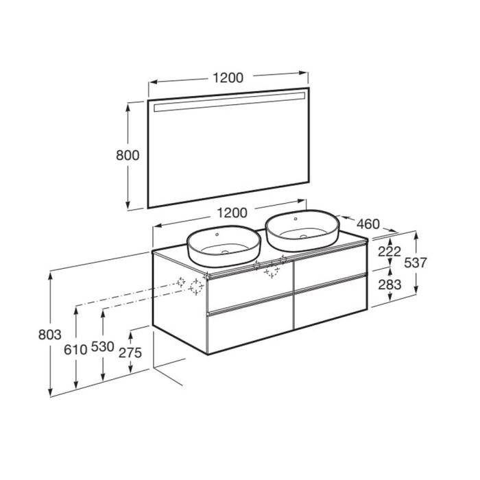 Pack meuble "The gap"1200 pour 2 vasques à poser - 4 tiroirs + plan + miroir LED - noyer/poignées noires - Roca