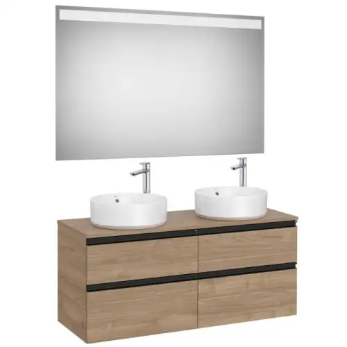 Pack meuble "The gap"1200 pour 2 vasques à poser - 4 tiroirs + plan + miroir LED - noyer/poignées noires - Roca